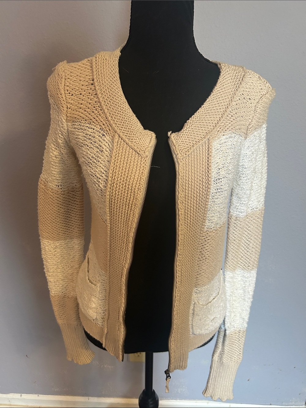 Loft Women Striped Knit Zip Cardigan Sweater Cream & Tan Size Extra Small